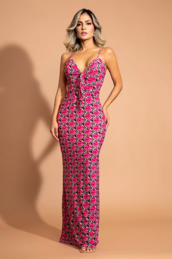 V-246 VESTIDO SIRENA FLORAL FUCSIA