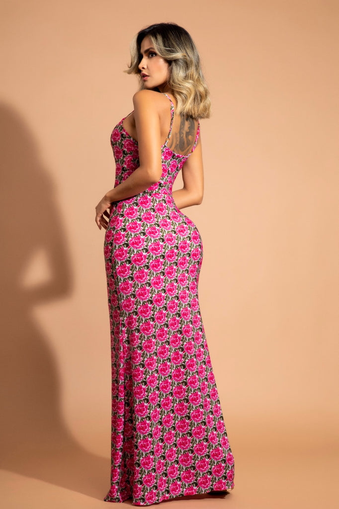 V-246 VESTIDO SIRENA FLORAL FUCSIA